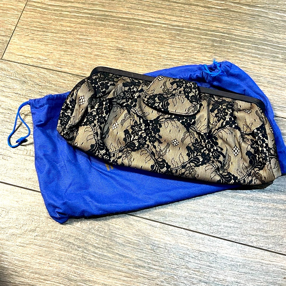 Stuart Weitzman black lace clutch with shoulder strap included